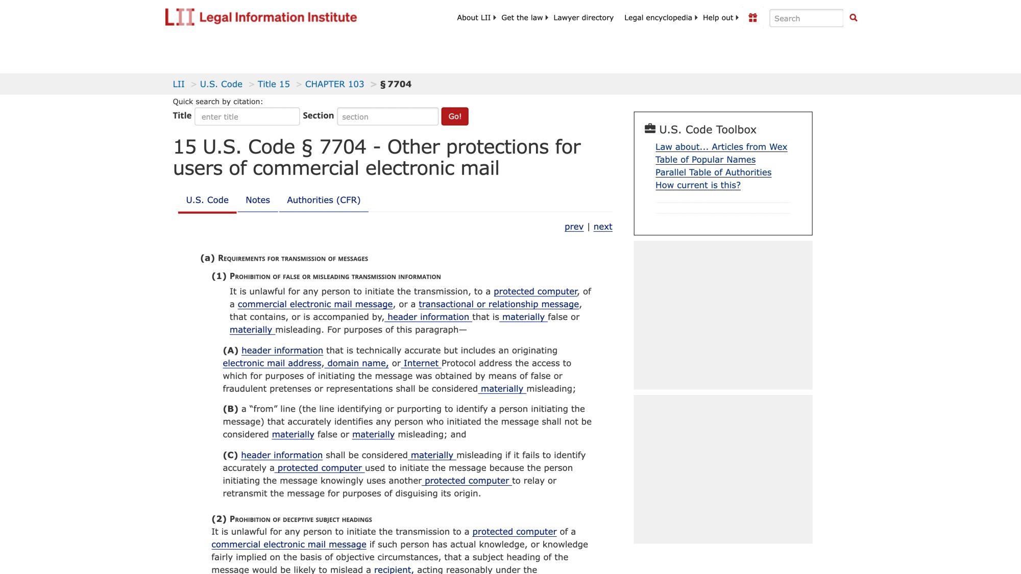 Cornell Law School Legal Information Institute page showing official CAN-SPAM Act statute text (15 USC 7704)