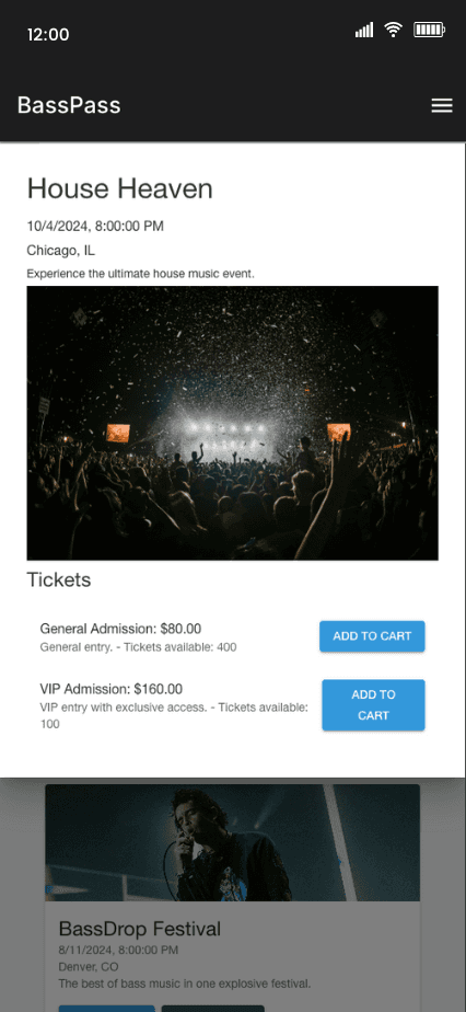 BassPass mobile app showing ticket purchasing and showing real-time ticket availability for EDM festivals and events.