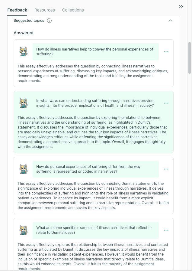 thesify feedback tab showing suggested topics answered, with questions about illness narratives and detailed comments on how well the essay meets each prompt.