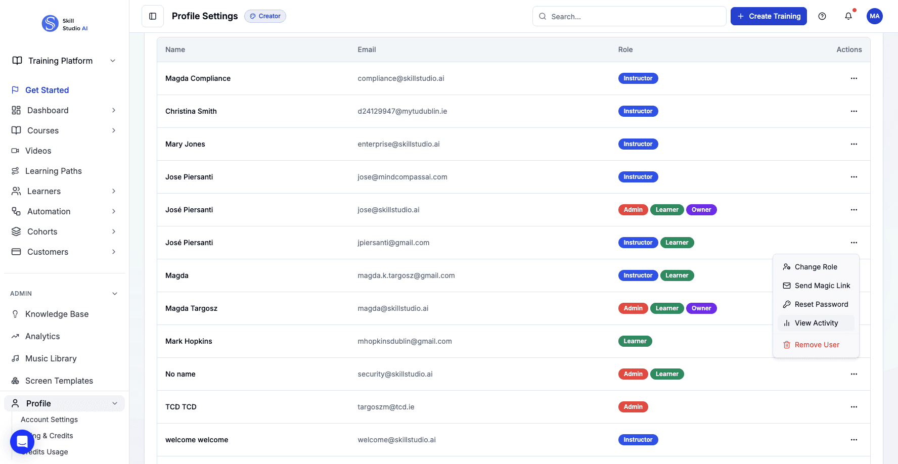 Select View Activity to see the user's login history and course creation.