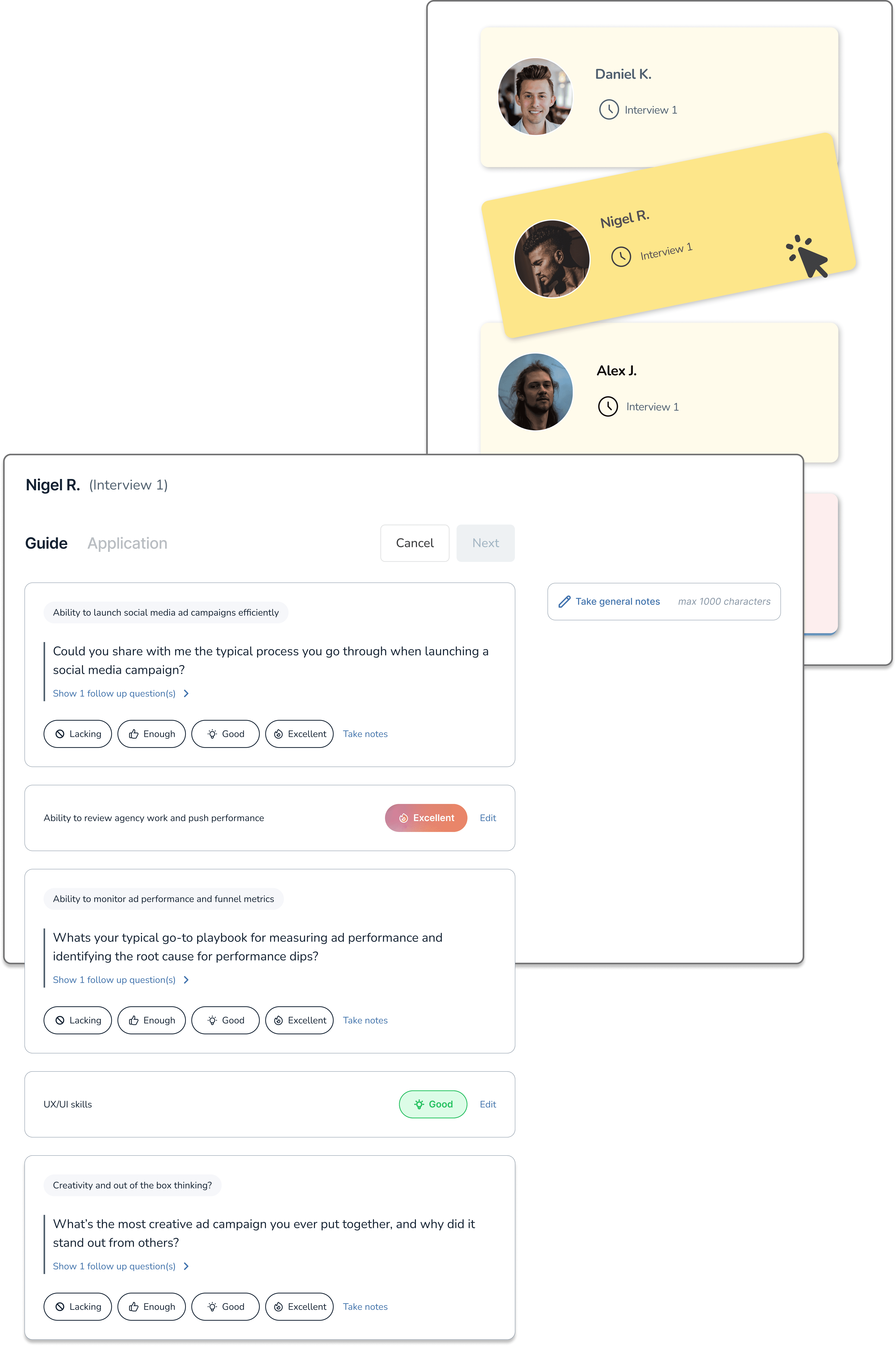 Screenshot showing the oryx interview guide and candidate pipeline with structured scoring options