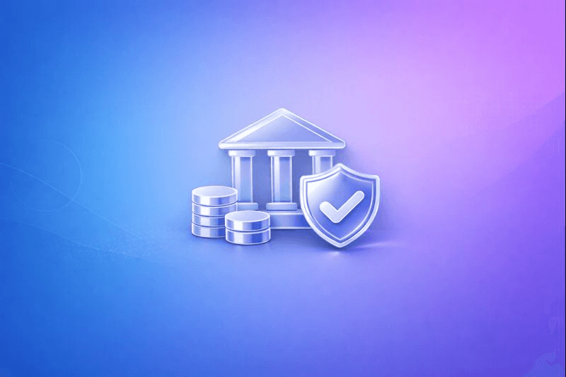 3D fintech compliance icon showing a secure bank building with shield and coins on a blue to purple gradient background.