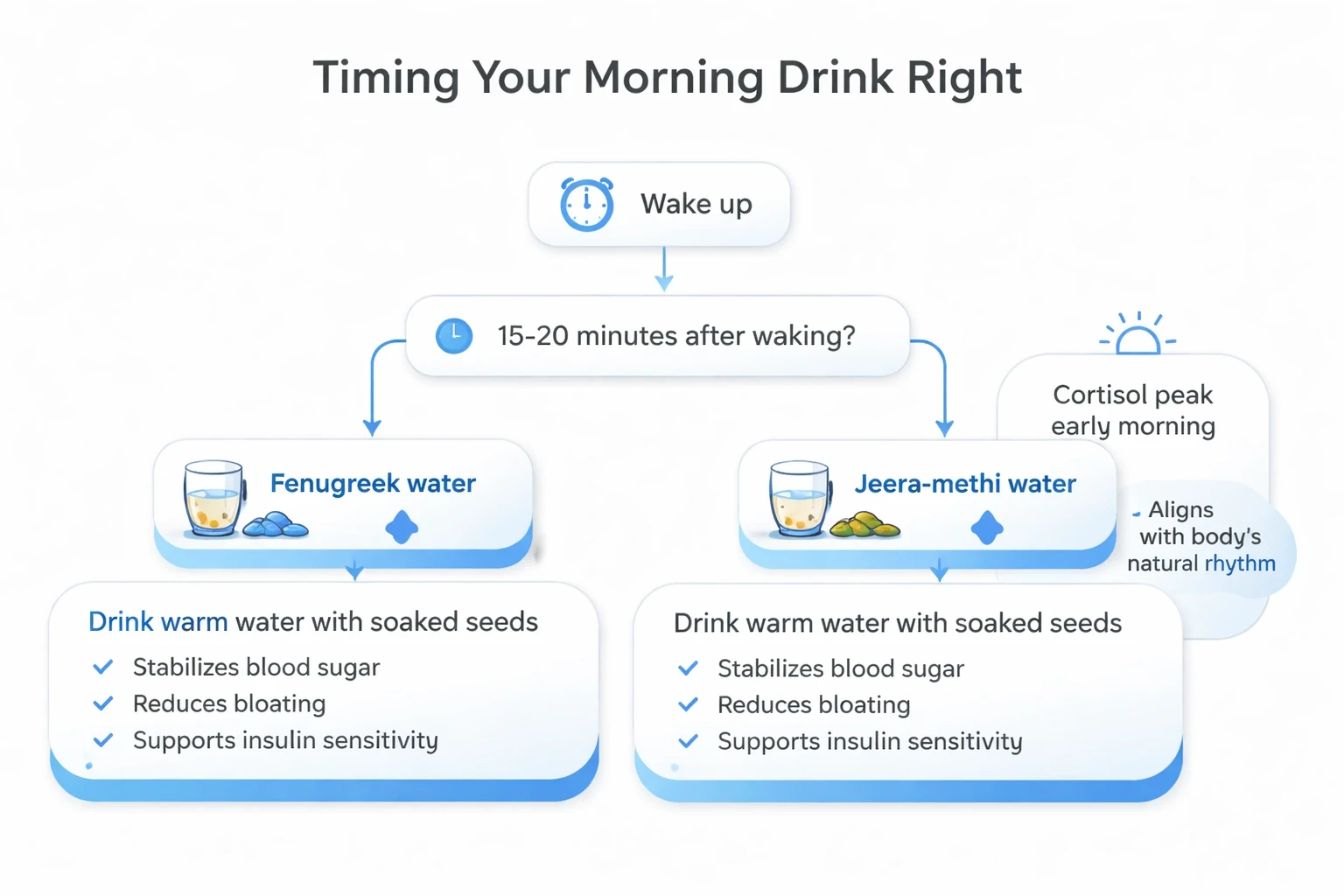 Modern flowchart on a light gray background showing the optimal timing for morning PCOS drinks, with two parallel paths for fenugreek water and jeera-methi water, each highlighting a 15-20 minute window after waking before any food, using the accent blue color for connectors and icons, and clean minimal typography.
