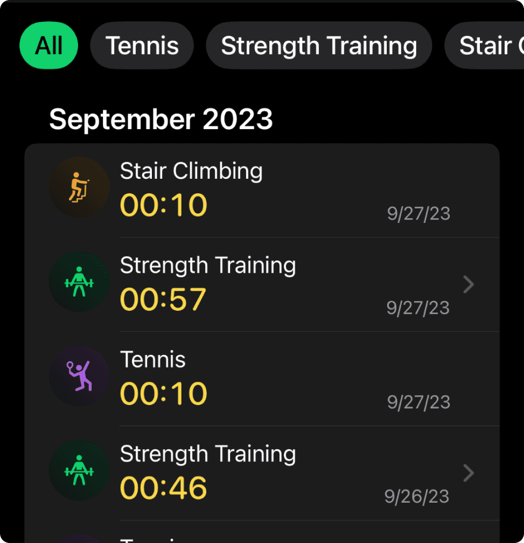 A smartphone lock screen displaying a rest timer widget from the workout tracker app called "Setgraph." The top shows the date, "Monday, January 8," and the time, "12:25." Below, the widget includes two sections: one timer labeled "Next Set" counting down from "1:45" with a green progress ring, and another labeled "Strength Training" showing an active session duration of "29:13" with options to pause or stop. 