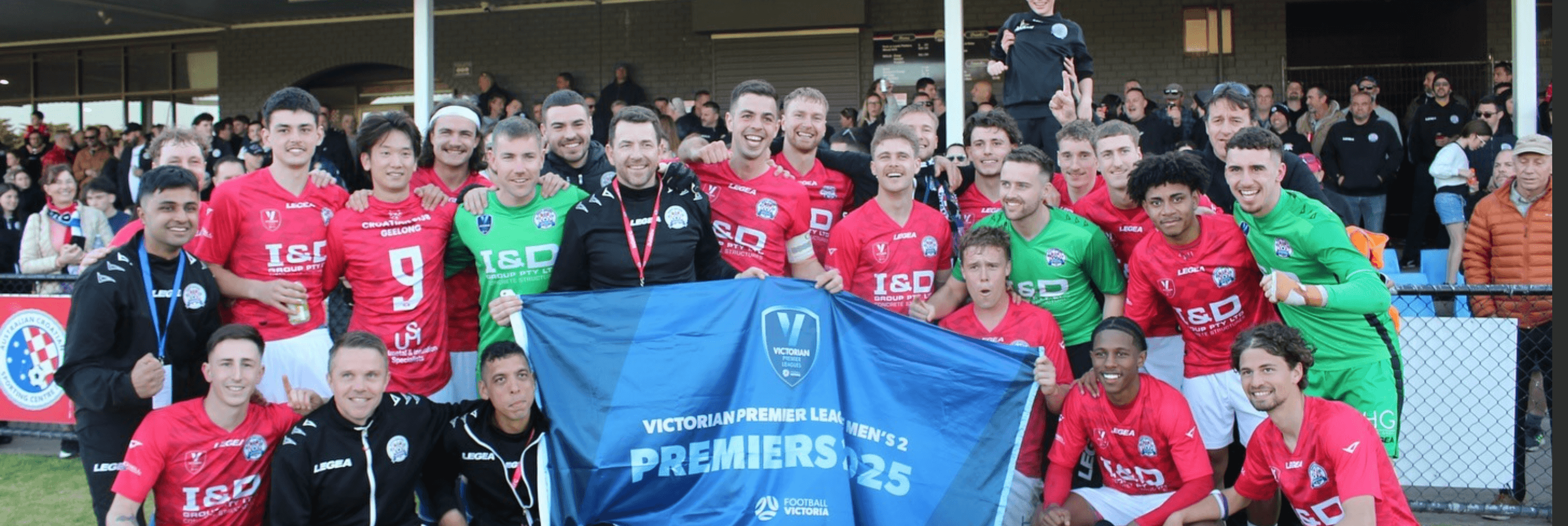 North Geelong Warrior's senior team celebrating after being promoted to VPL1.