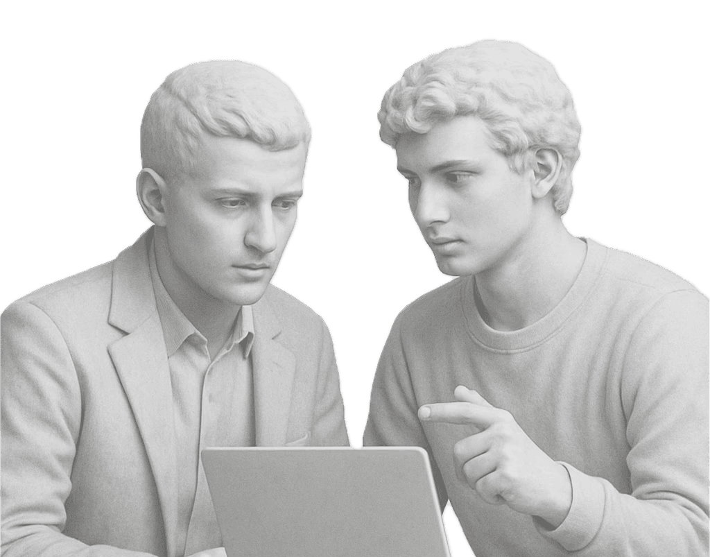 Marble statues with laptop, quick product development.