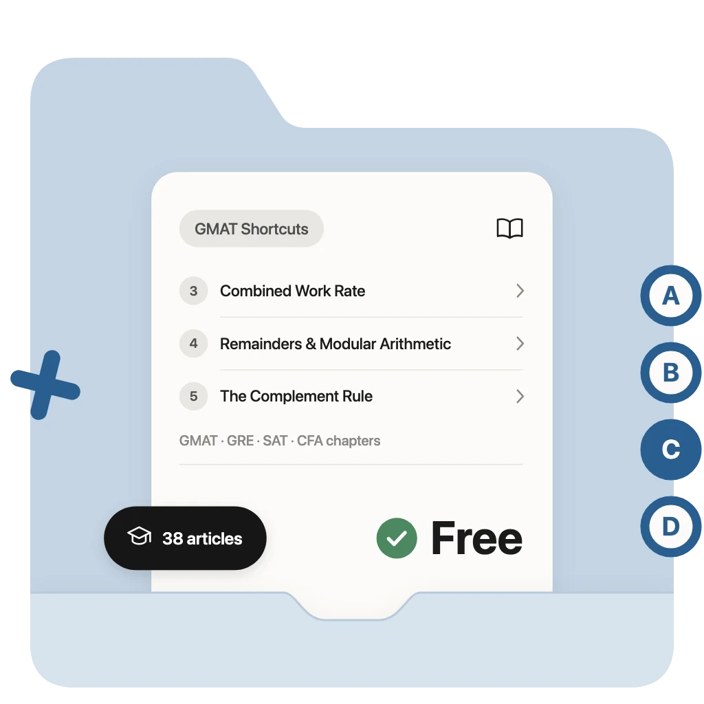 Numbio Textbook chapter GMAT Shortcuts listing Combined Work Rate, Remainders & Modular Arithmetic and The Complement Rule, 38 free articles.