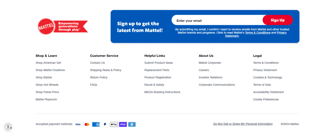 mattel website footer