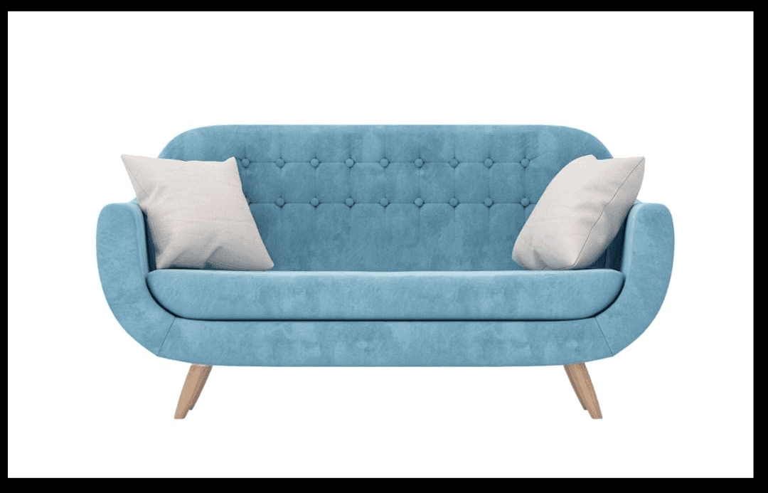 Soft aqua 3-seater with tufted back and curved arms.