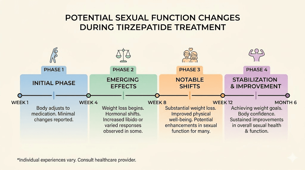 Tirzepatide sexual function timeline showing changes from week 1 to month 6