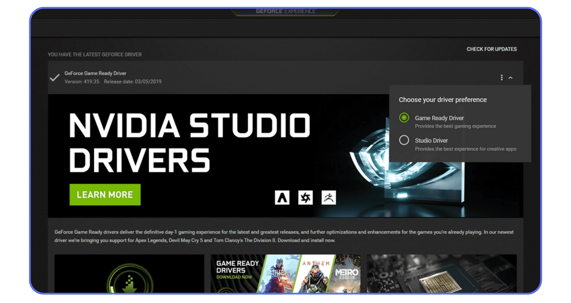 NVIDIA Studio Drivers settings screen highlighting the Studio vs Game Ready driver options for Adobe creative software.