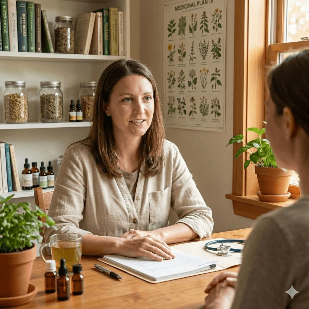 Naturopath consulting with a client in a calm and professional setting