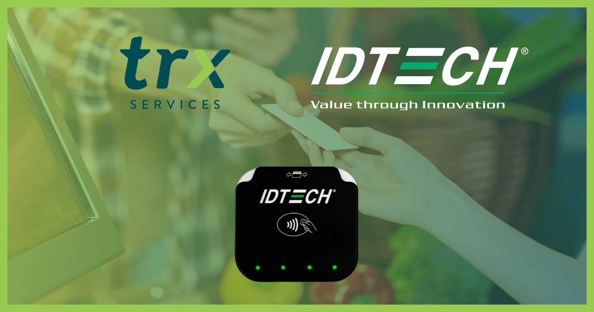 An image of the TRX Services logo beside the ID TECH logo, on a background image of a person handing a credit card to a cashier. THE VP3350 mobile payment device is pictured in the foreground.