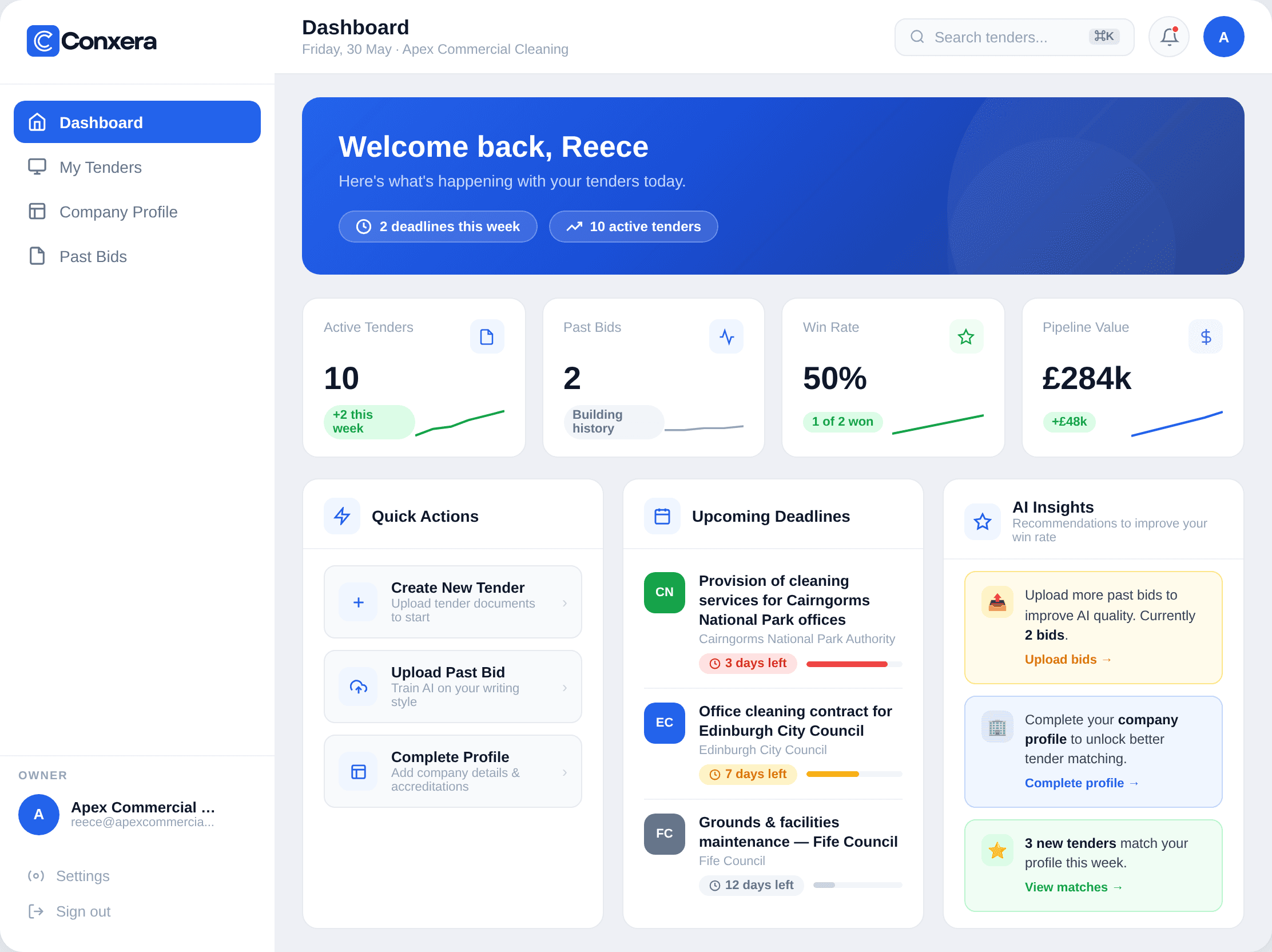 Conxera dashboard showing tender submissions, deadlines, quick actions and AI insights