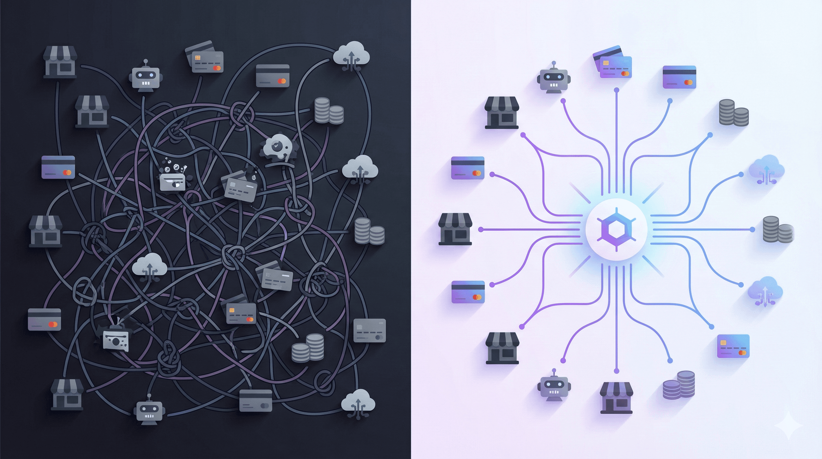 Split-screen illustration comparing a tangled network on the left with an organized, hub-based network on the right.