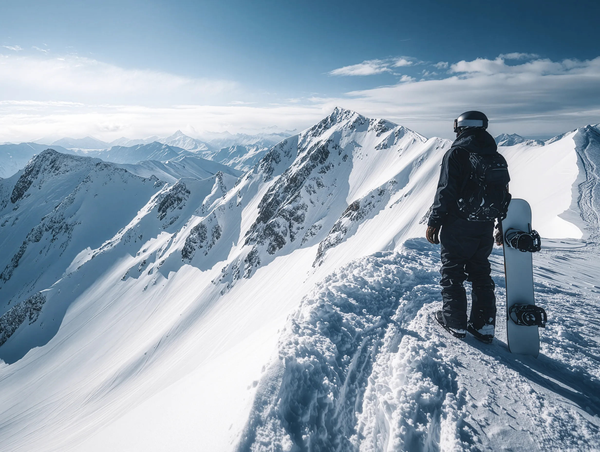 Snowboarder standing on a mountain ridge overlooking snowy peaks