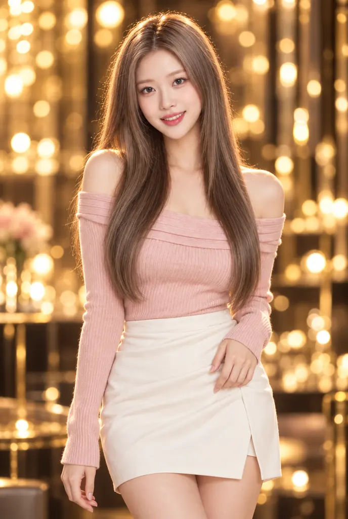 수원아우라 상무원희 브랜드 비주얼, 분홍색 니트와 아이보리 스커트 차림으로 밝게 웃는 긴 갈색 머리의 캐릭터