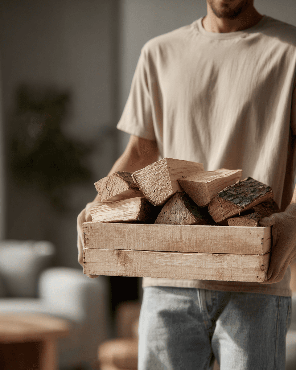 SilentAngels® Manager trägt eine Kiste Kaminholz – SilentAngels® Holzservice für vorbereitete, trockene Brennholzvorräte im Haushalt.