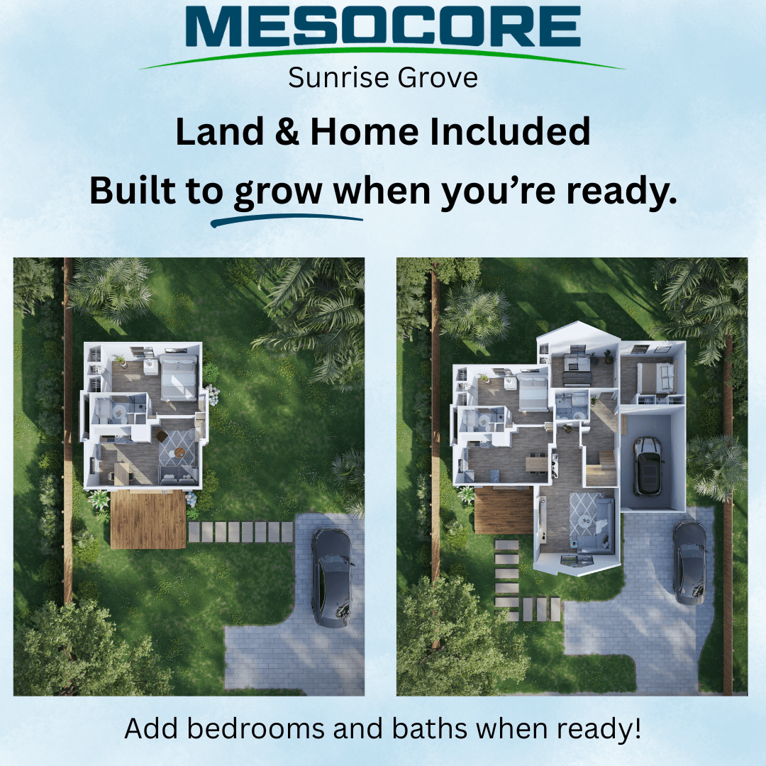 A permanent Mesocore starter home on a spacious residential lot, showing an affordable and expandable modern housing solution.