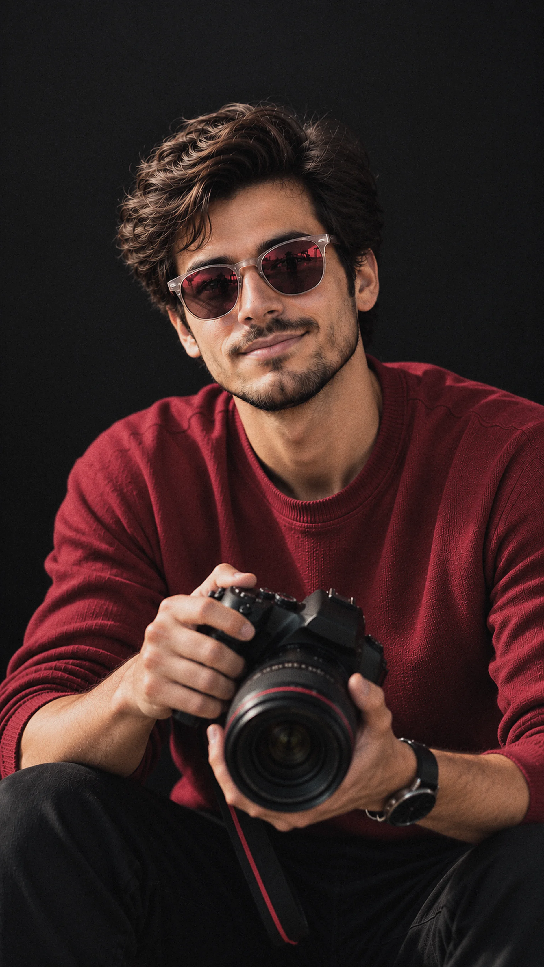 Young photographer in a red sweater holding a DSLR camera