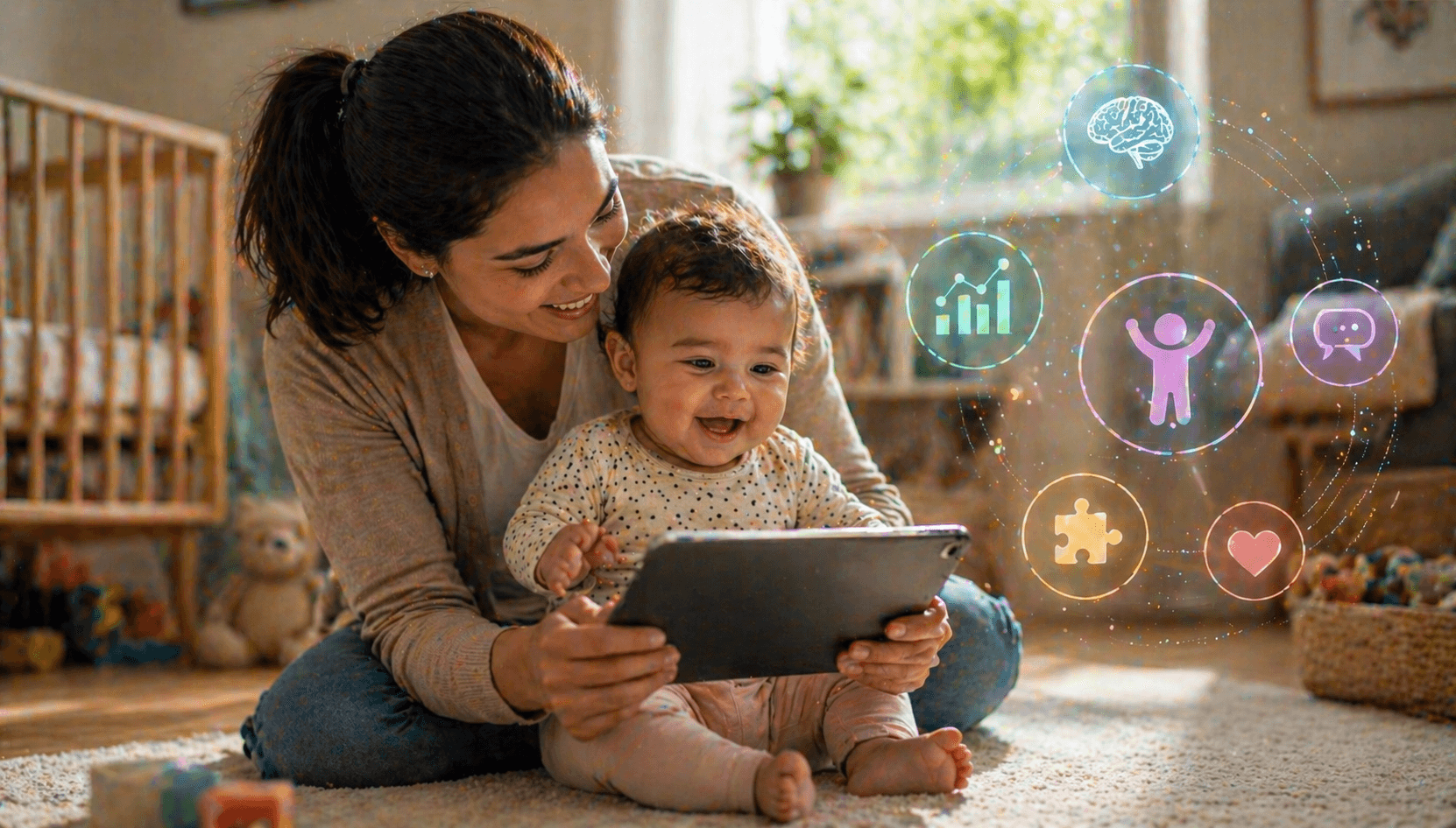 A woman and smiling baby sit on the floor in a cozy, sunlit room, engaging with a tablet that displays floating graphics of a brain, person, chat bubble, puzzle piece, and heart.