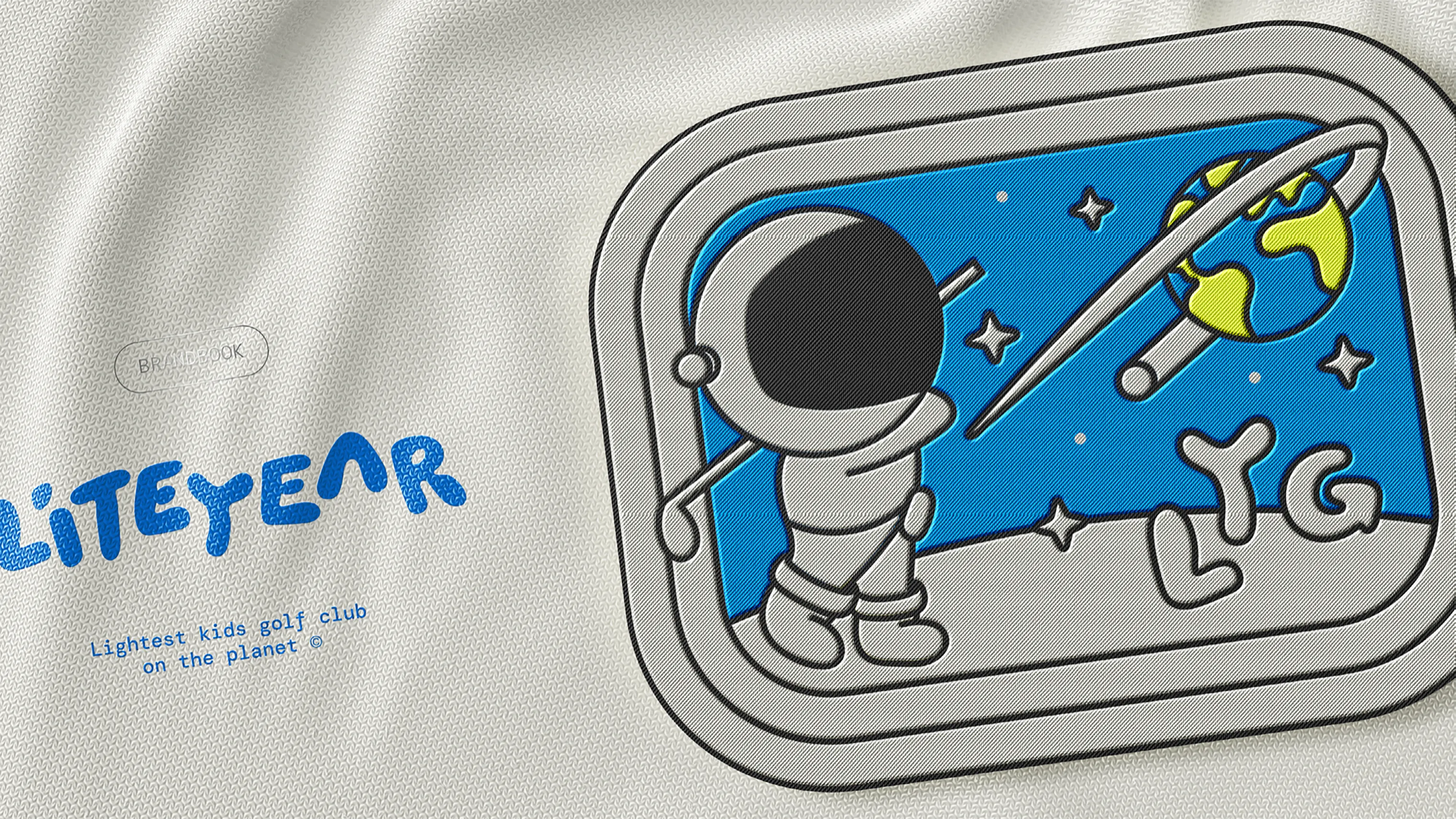 Liteyear Golf astronaut patch graphic with blue and yellow branding