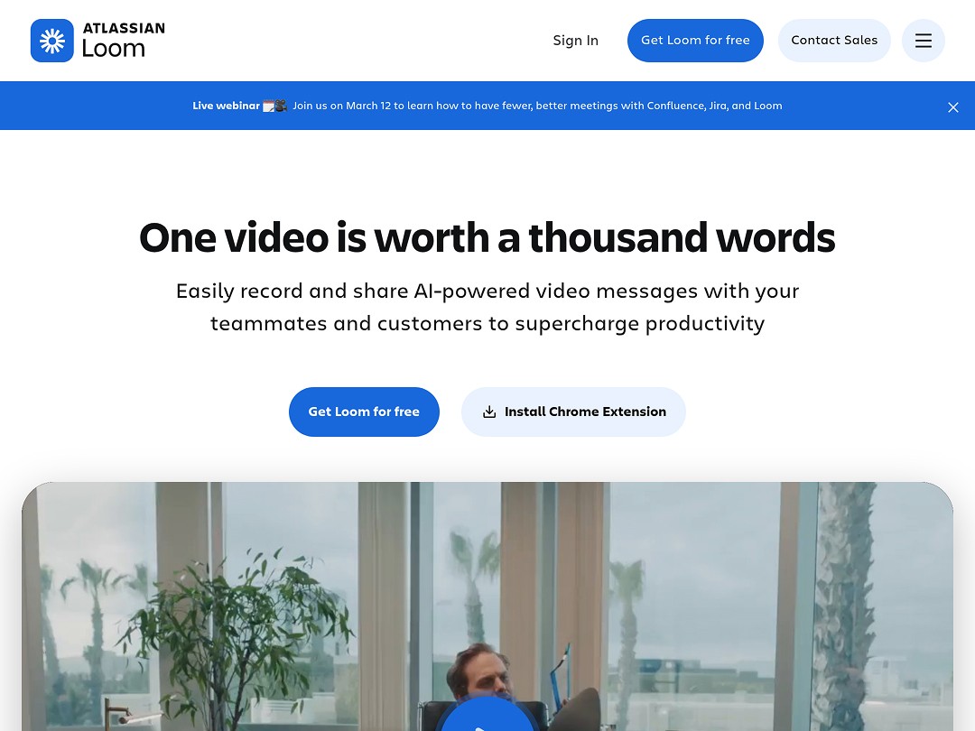 Loom homepage promoting AI-powered video message sharing.