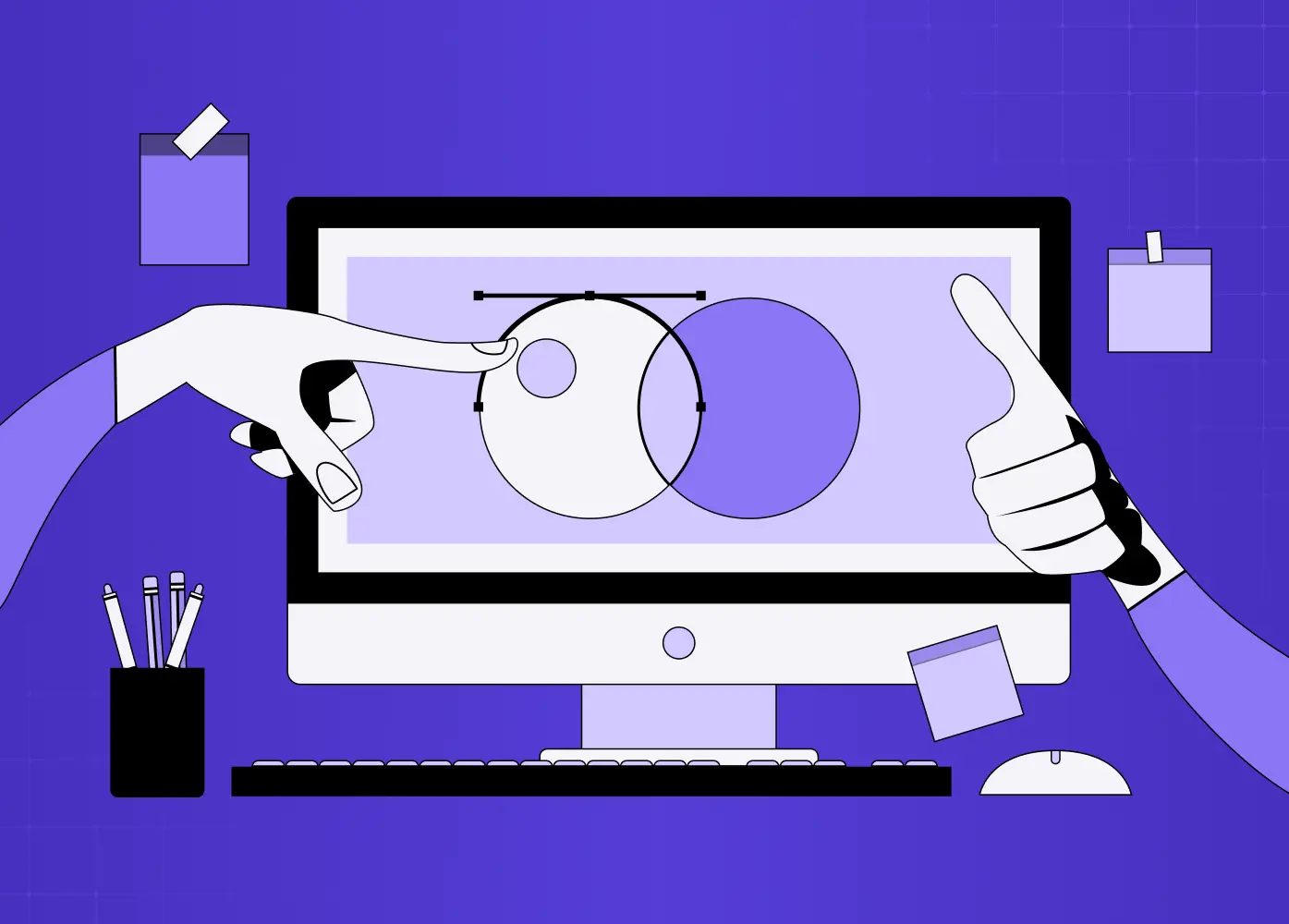 Abstract illustration of a person interacting with a computer screen, featuring overlapping circles and a purple background.