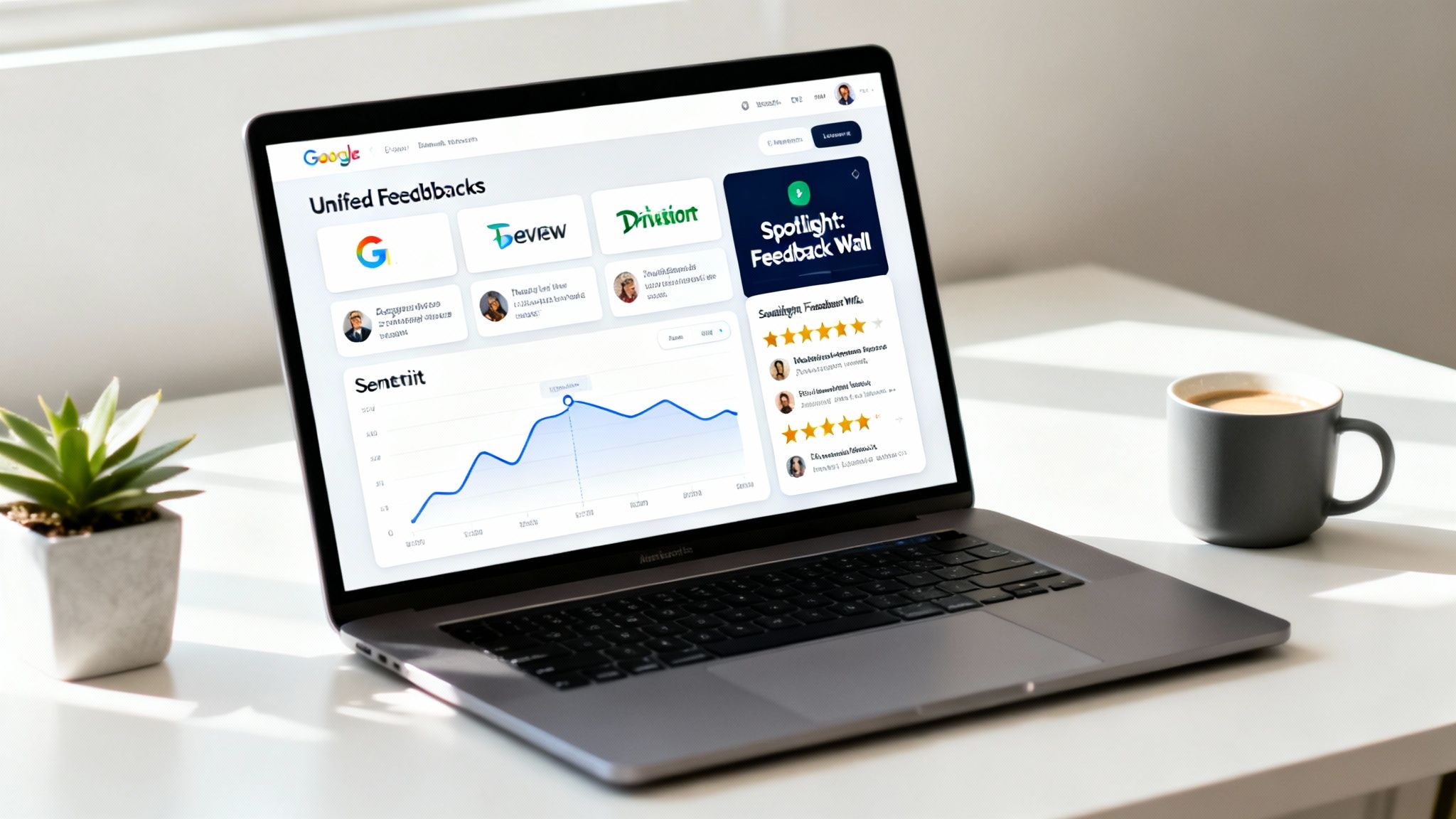 A laptop displaying a 'Unified Feedbacks' dashboard with graphs and customer reviews on a white desk.