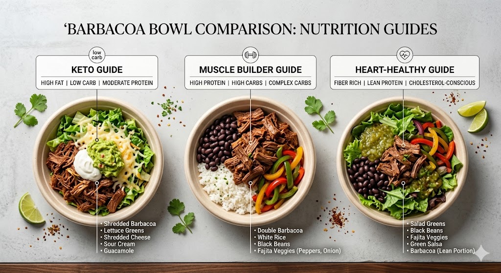 A top-down comparison infographic of three custom Chipotle-style Barbacoa bowls on a light grey concrete surface. The "KETO" bowl features low-carb ingredients like Barbacoa, lettuce, cheese, and guacamole. The "MUSCLE BUILDER" bowl highlights high-carb, high-protein ingredients like white rice, black beans, double barbacoa, and fajita vegetables. The "HEART-HEALTHY" bowl showcases fiber-rich and cholesterol-conscious ingredients like salad greens, black beans, fajita veggies, green salsa, and a lean portion of Barbacoa. Each bowl is garnished with lime wedges and cilantro.