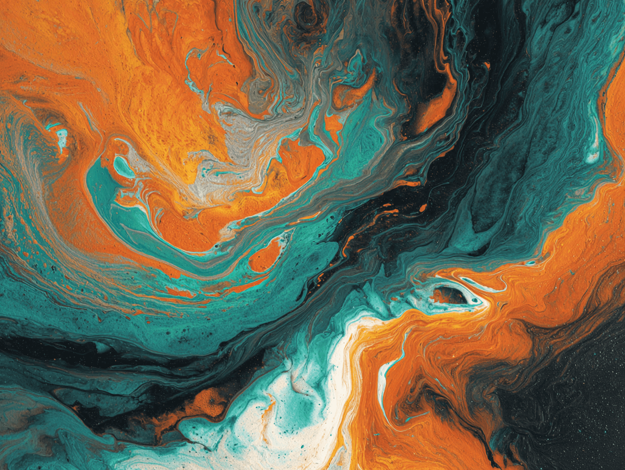 A silhouette of a person standing amidst vibrant swirling colors of teal and orange.