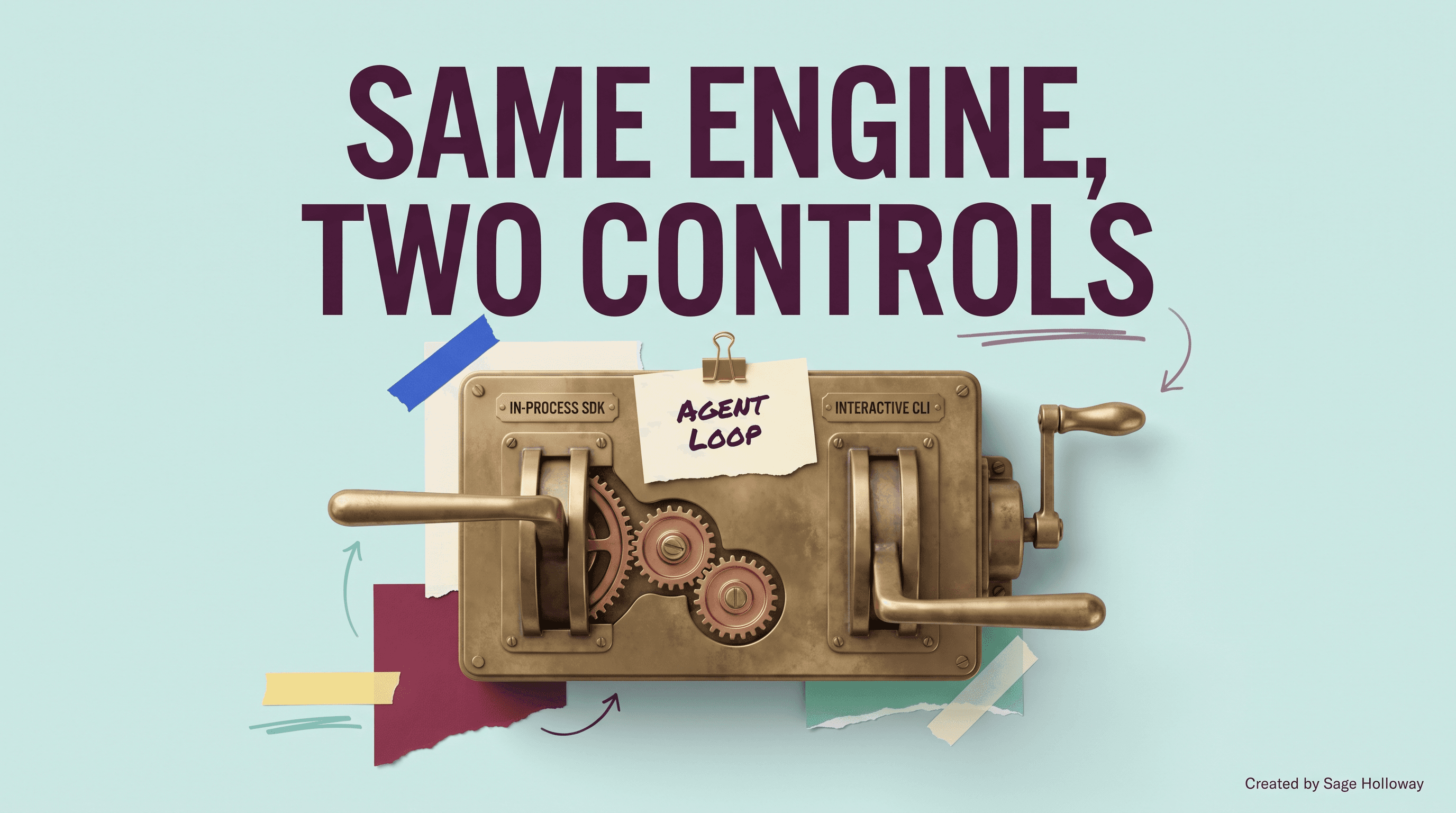 Editorial illustration of the Claude Code SDK running as an in-process agent loop beside a separate interactive CLI machine