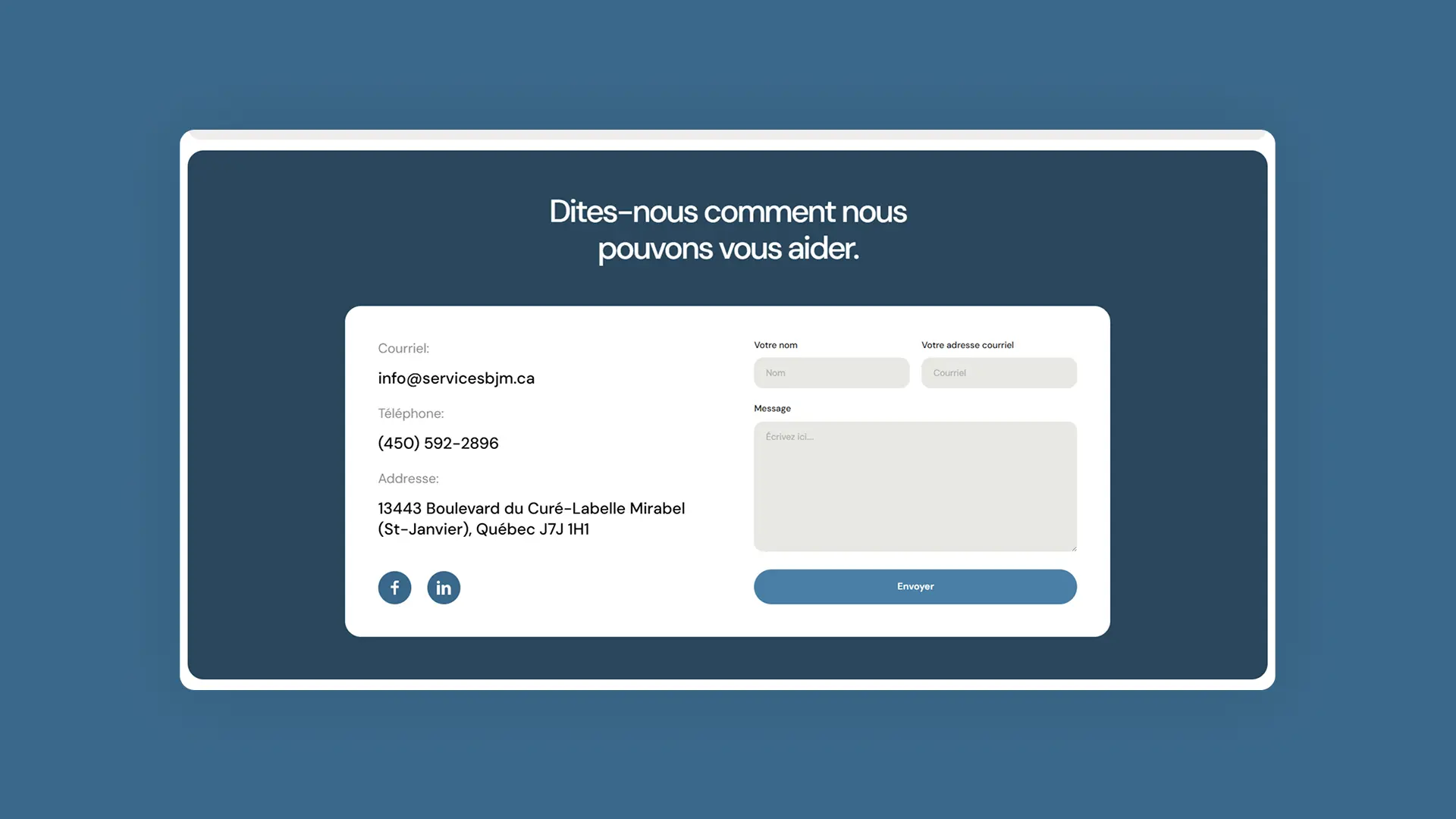 Page de contact du site Gestion BJM — formulaire et coordonnées du cabinet comptable à Mirabel, Québec