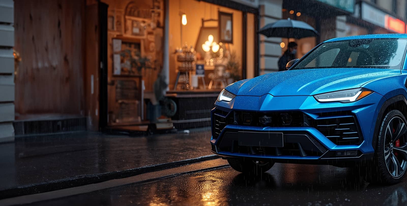 Gros plan sur un VUS de performance bleu vif garé dans une rue de ville mouillée par la pluie, avec une vitrine de magasin chaudement éclairée en arrière-plan.