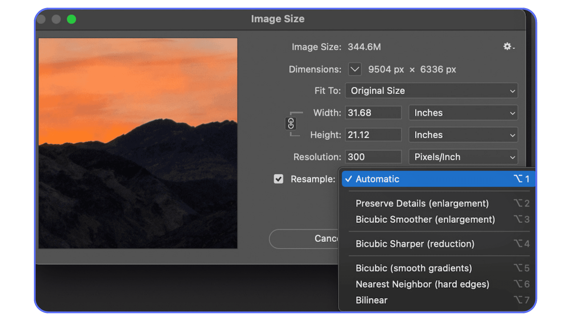 Close-up of Photoshop’s Image Size panel displaying resampling options such as Automatic, Bicubic Sharper, and Bicubic Smoother for resizing images.