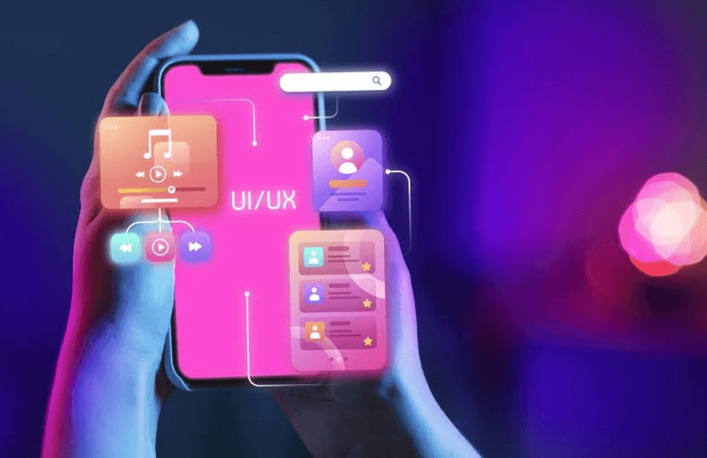 Hände mit Smartphone und schwebenden UI/UX-Elementen als Bild für adaptives Design mit KI