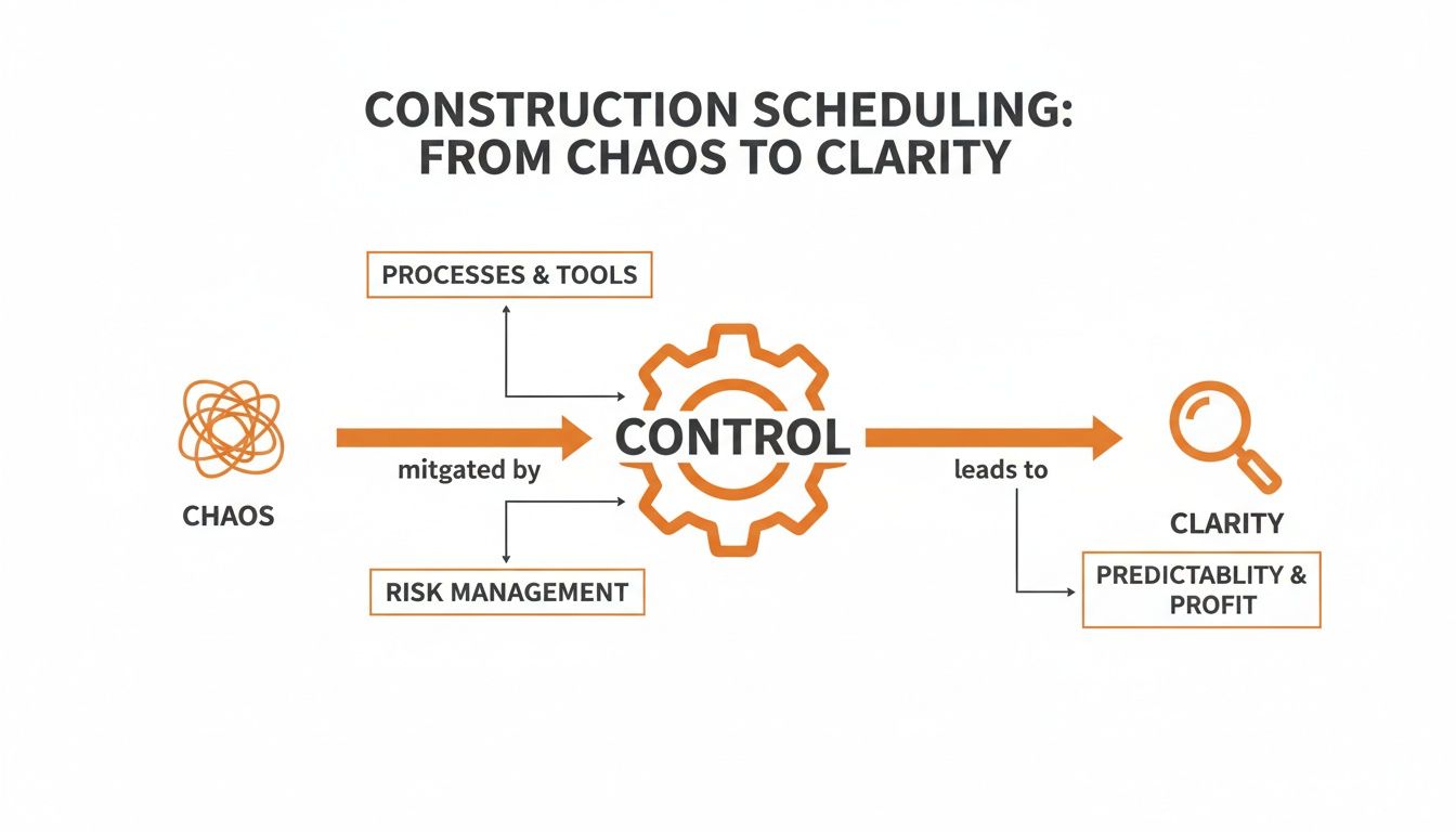 Diagram: Construction scheduling progresses from chaos to clarity using processes, risk management, and control.