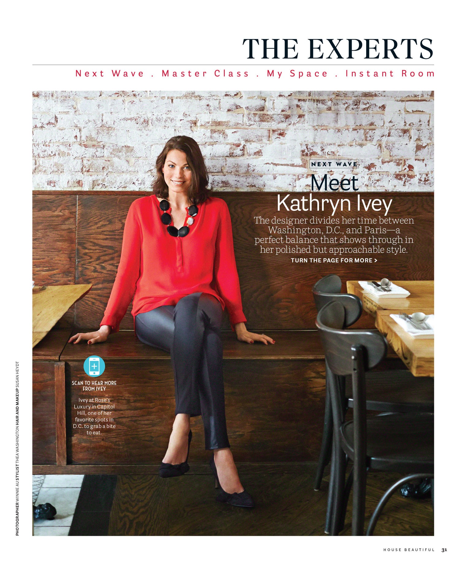 A layout with a portrait of a woman sitting on a bench in the restaurant she designed.