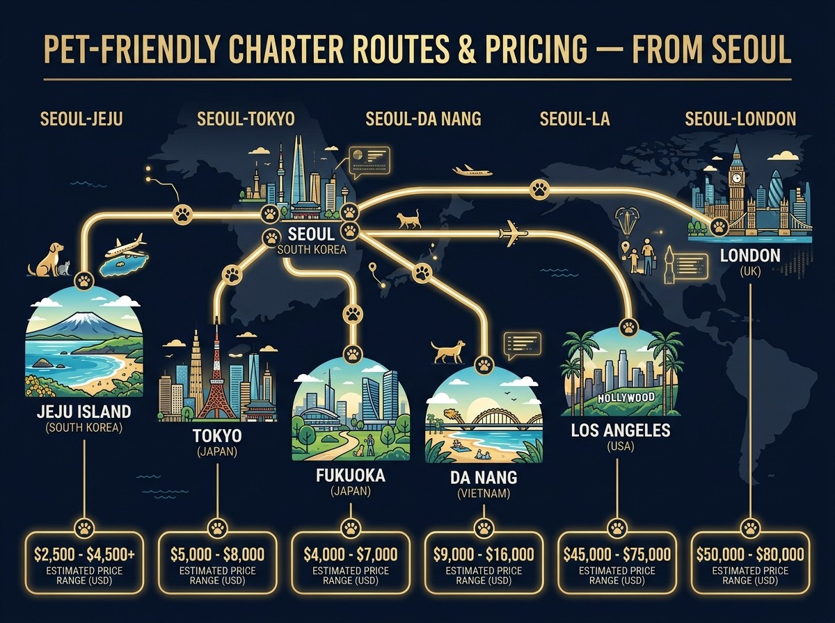 Pet charter flight pricing by route — Seoul Tokyo Da Nang LA London cabin travel rates 2026