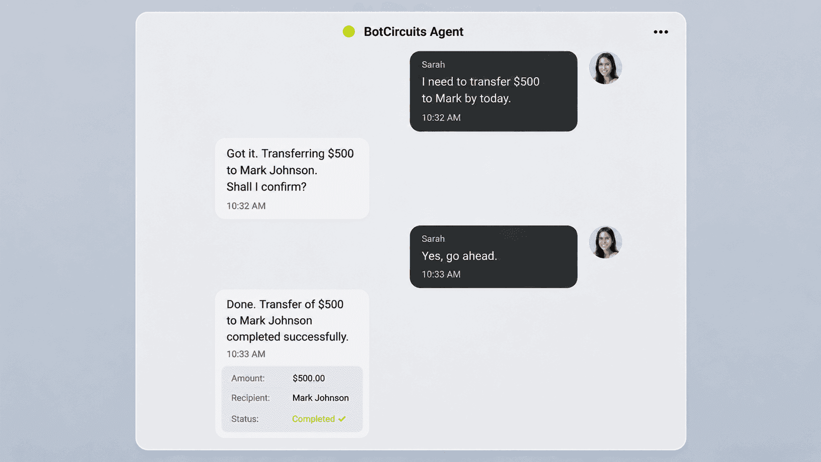 AI customer service agent for banks completing a $500 fund transfer request via chat