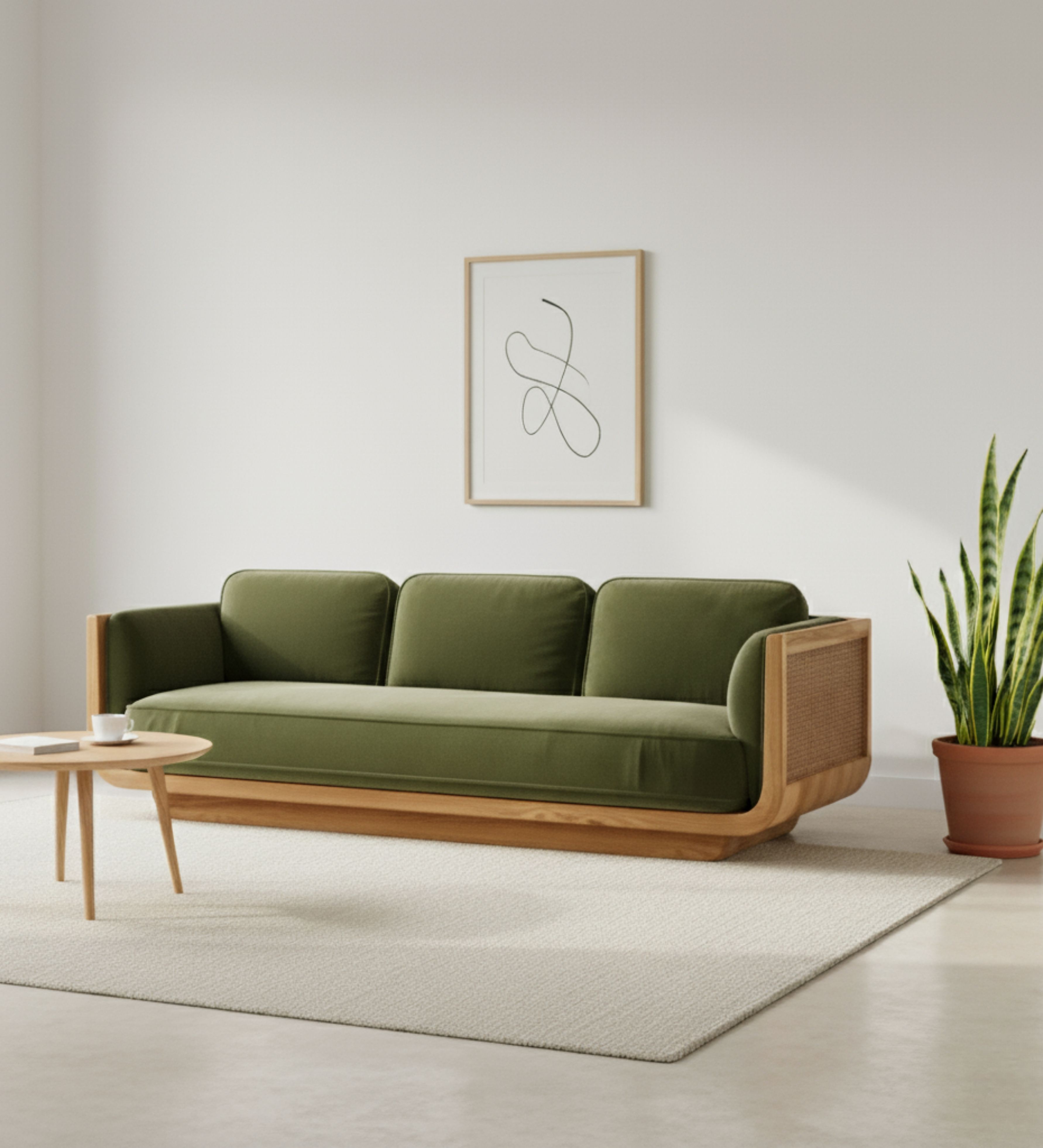 Contemporary cane sofa with olive green upholstery and solid wood frame for luxury living room