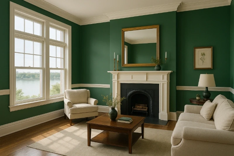 An elegant Whitestone living room with rich green walls (Sherwin Williams "Rookwood Green") in a semi-gloss finish