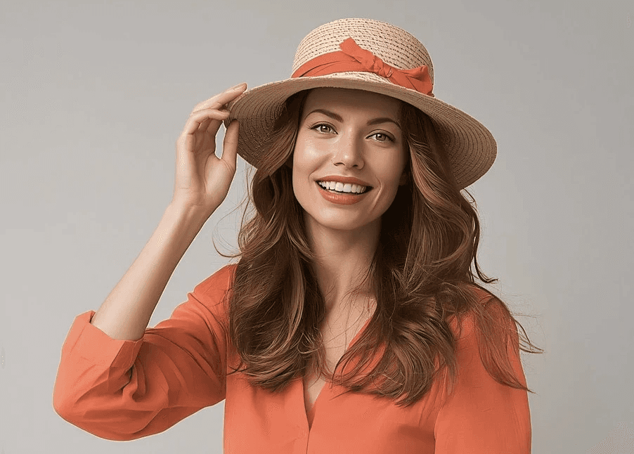 Woman in woven top and paper fan hat. Fashion editorial.