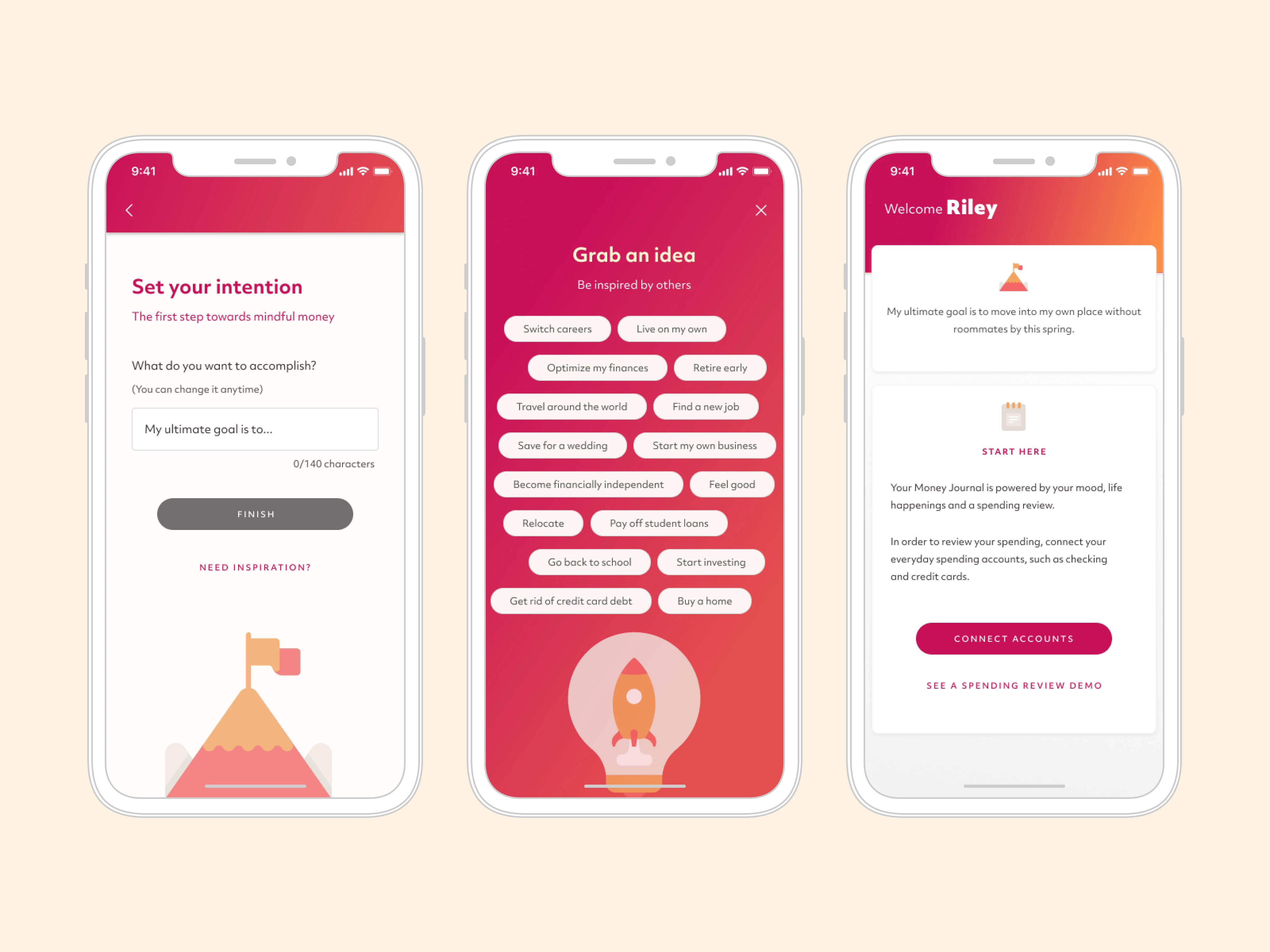 Three iOS screenshots to demonstrate an onboarding sequence of asking users to set an intention, optional choices, followed by the home screen and a CTA to connect accounts.