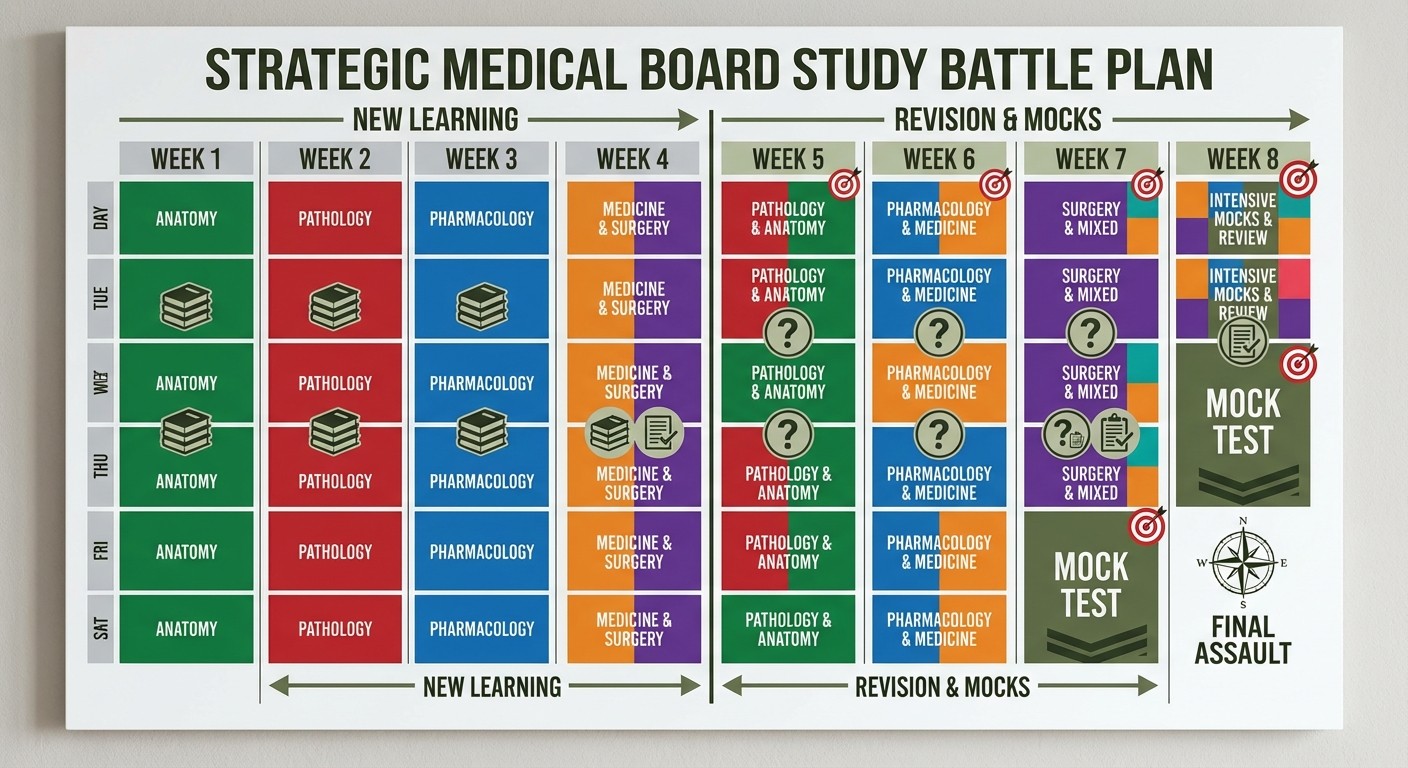 8-week NEET PG study schedule breakdown by subject and week