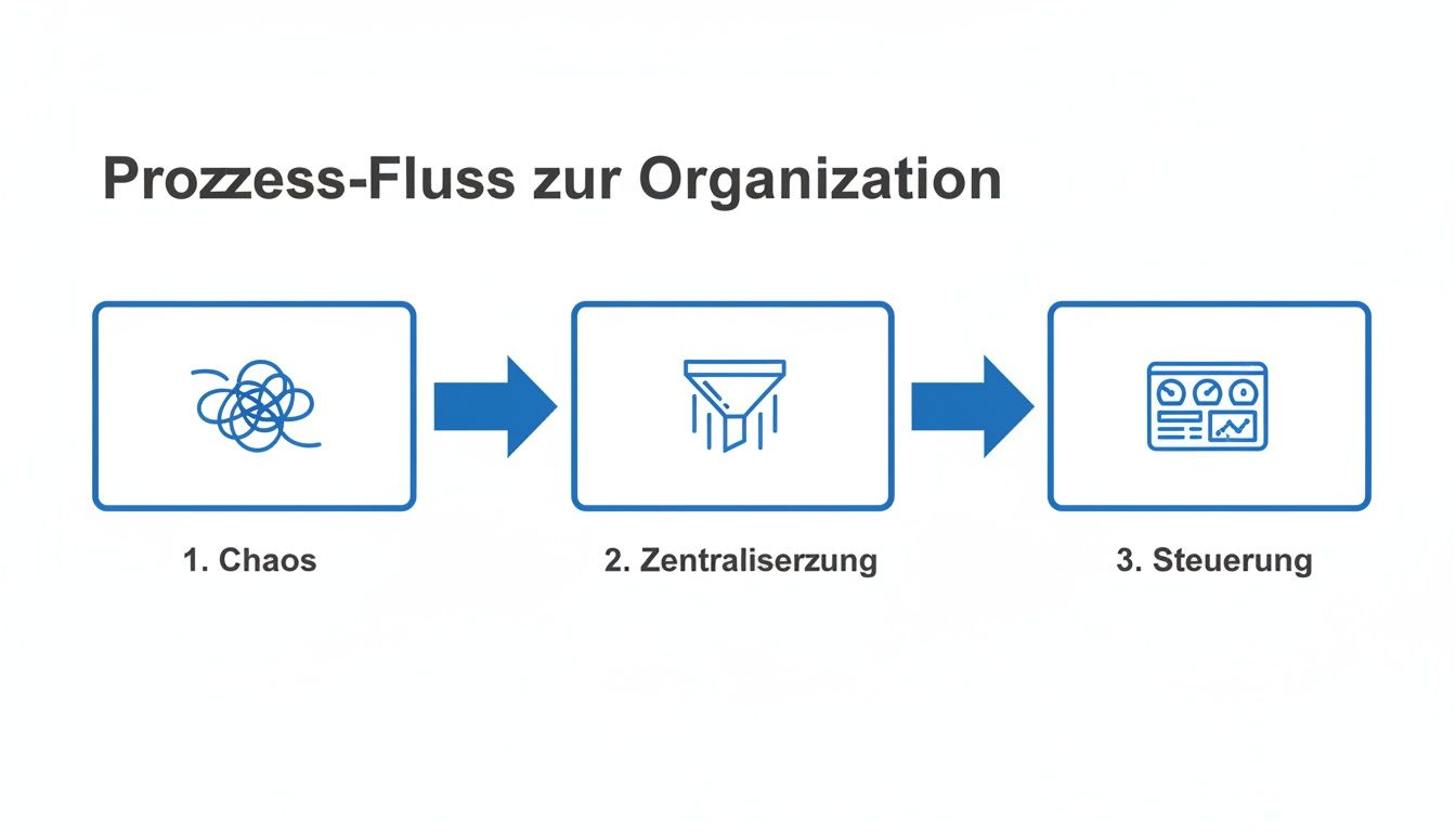 Ein Prozessflussdiagramm zeigt den Weg von Chaos über Zentralisierung zur Steuerung in einer Organisation.