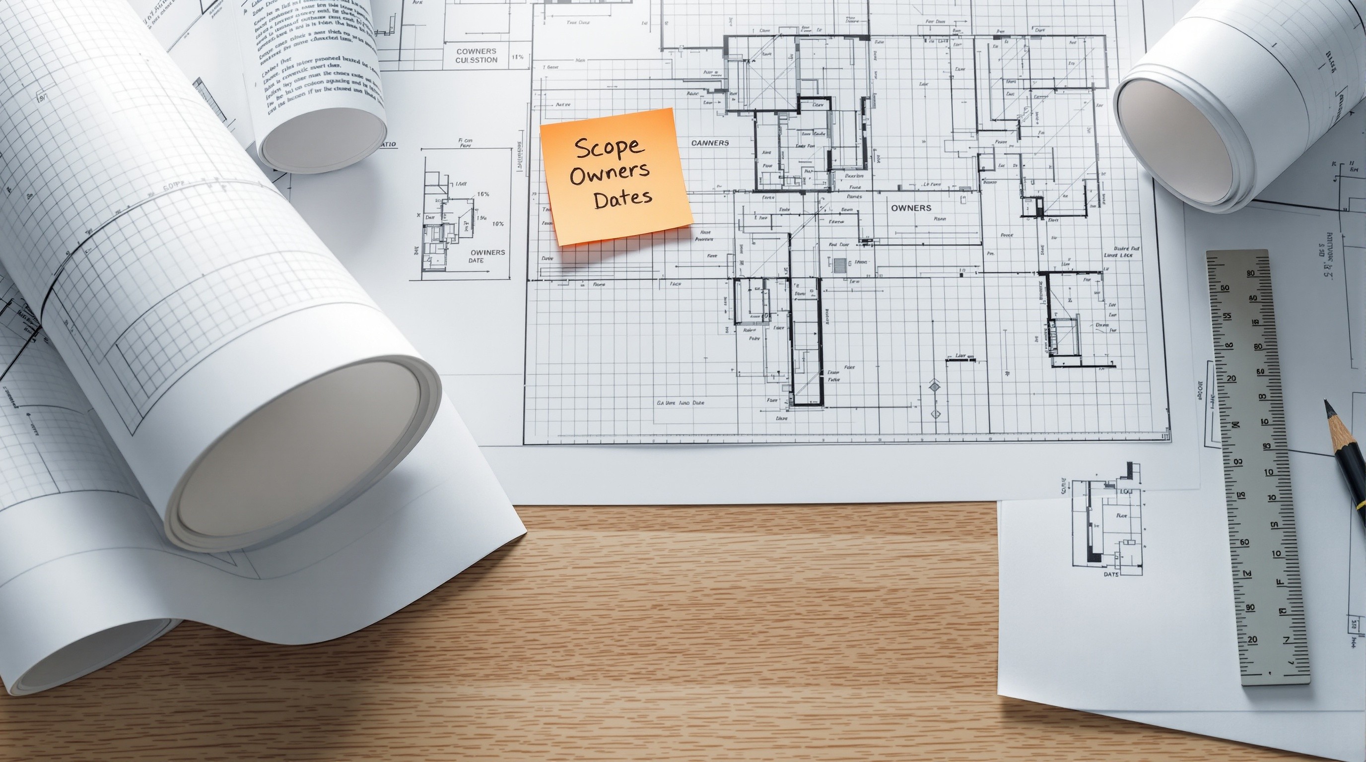 Person sitting in a modern office in front of a wall covered with notes and sketches.