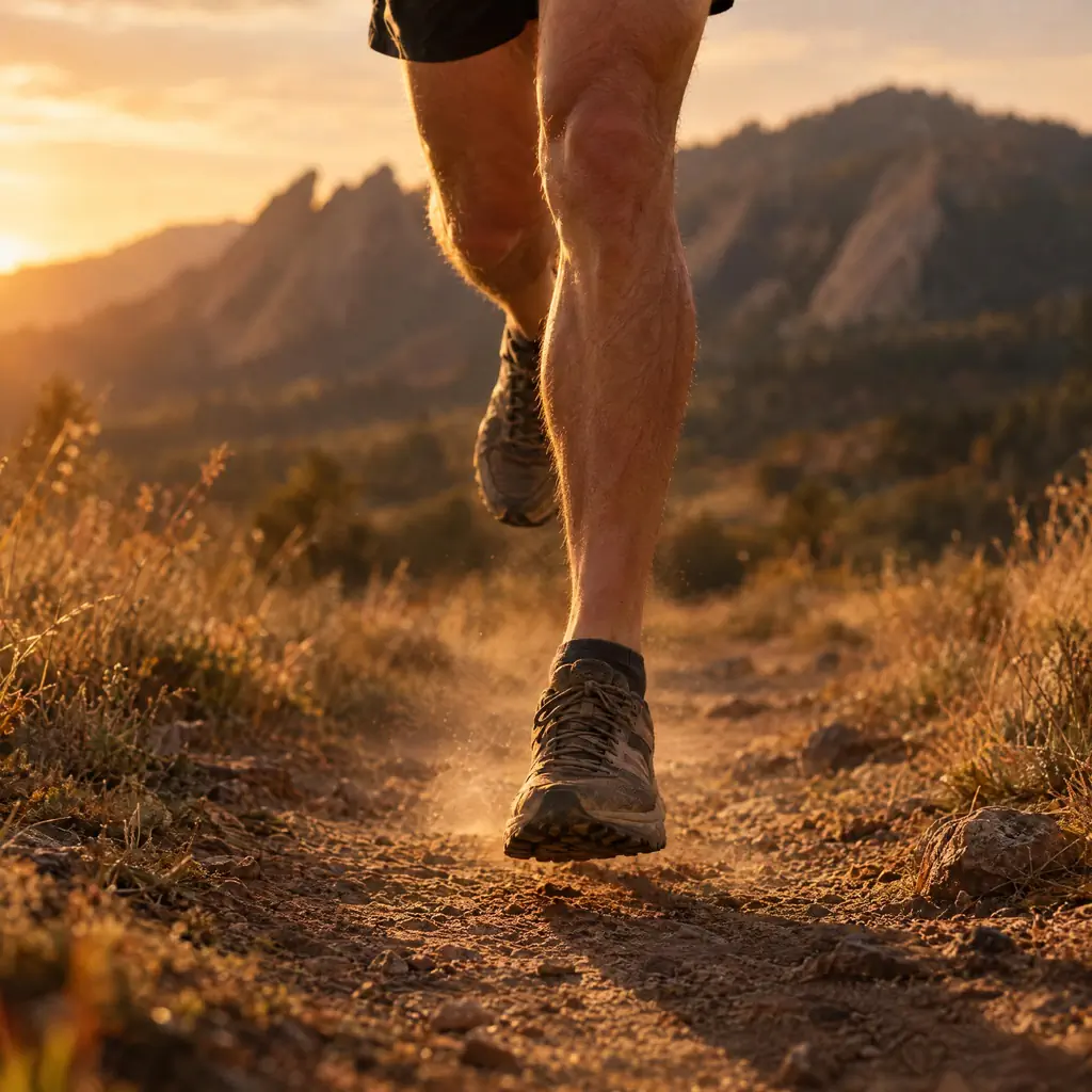 Runner's legs on a dirt trail below the Flatirons at golden hour