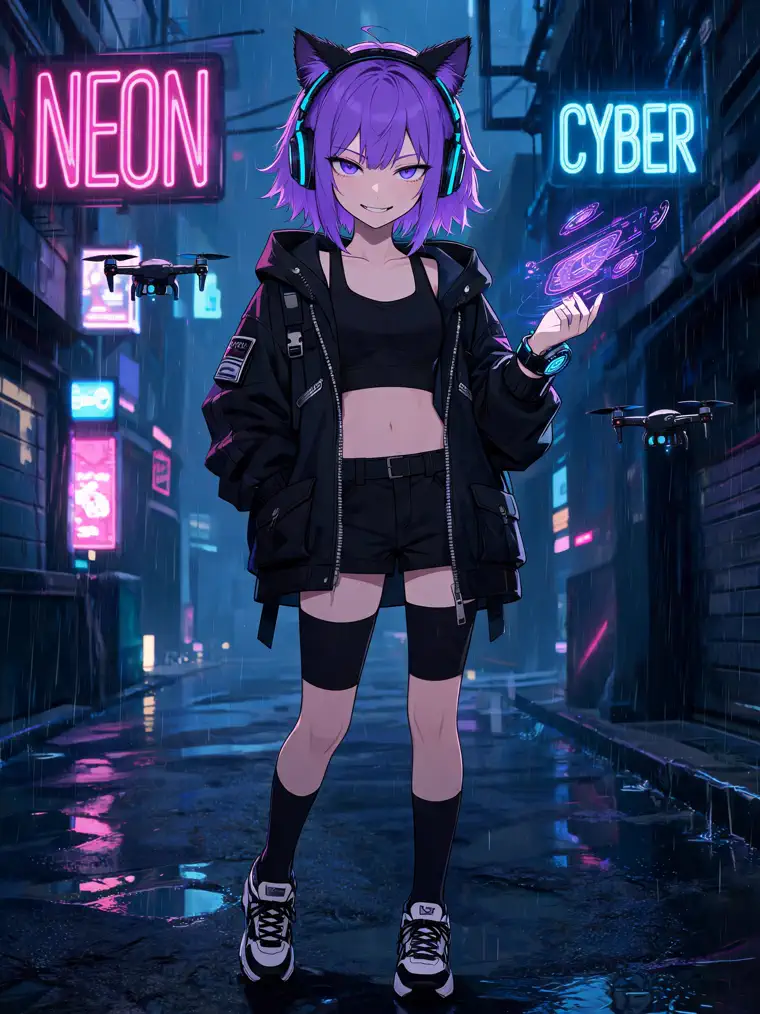 cyberpunk anime character with purple cat girl, neon city, drones, and rain