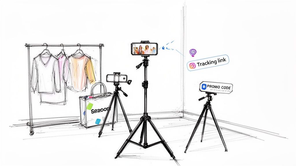A sketch of an influencer's studio setup with clothes, phones on tripods, and promotional marketing elements.